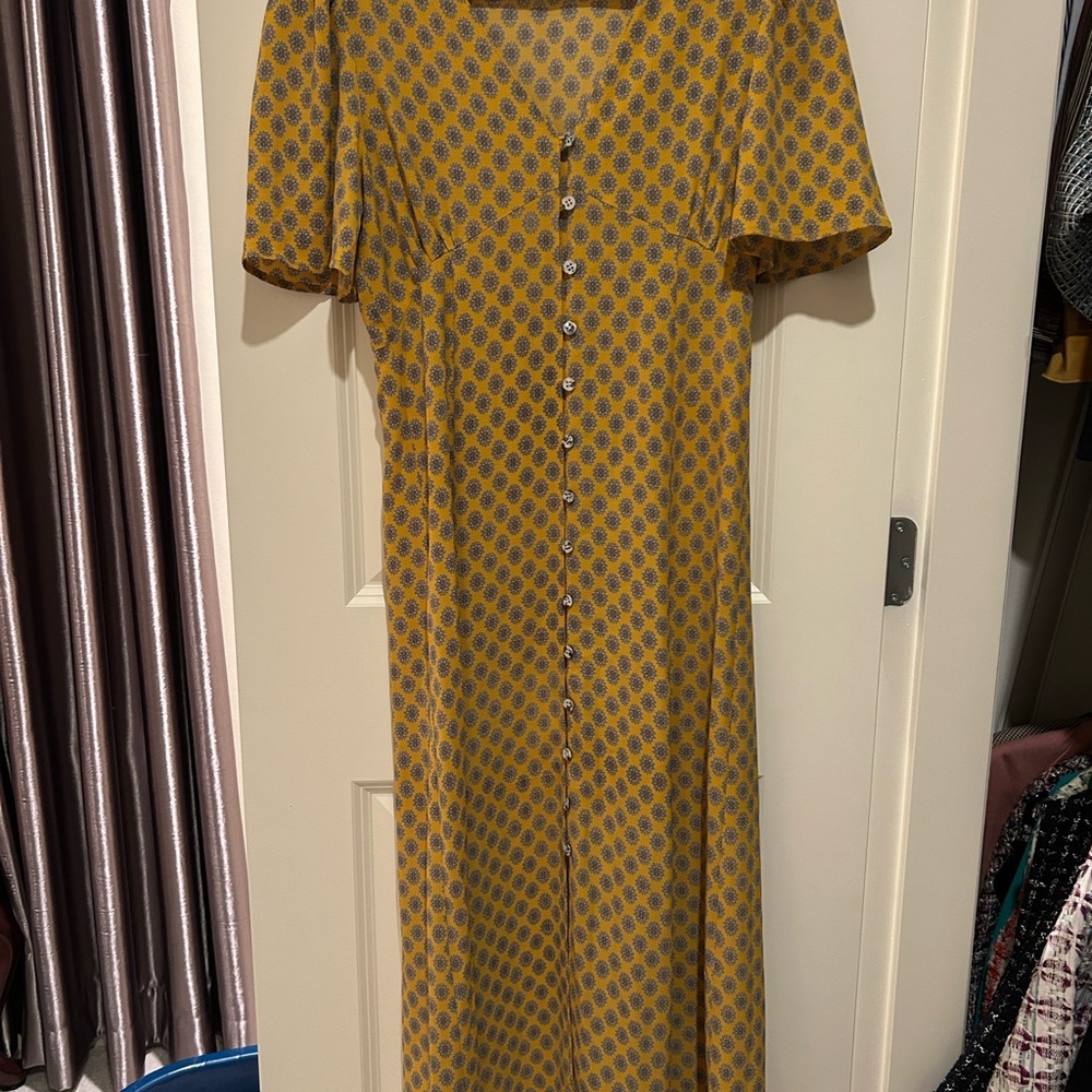Yellow Puff Sleeve Midi Sundress V-Neck